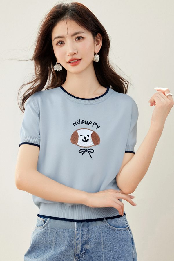 Puppy embroidery T-shirt short sleeve bottoming sweater for women